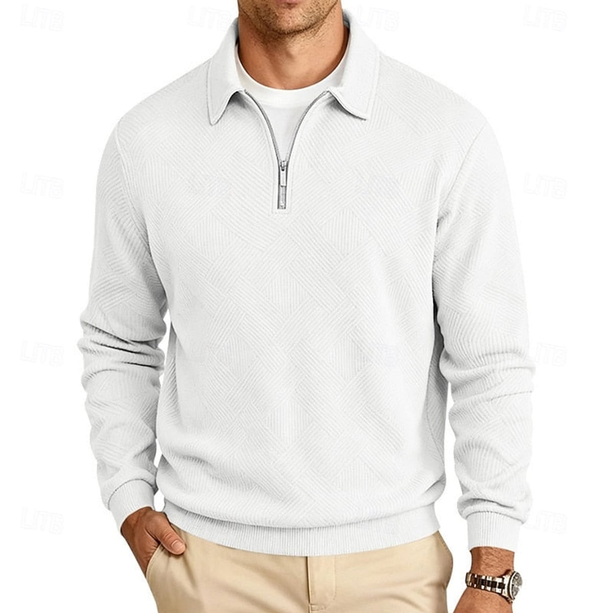 pull homme col zippé coupe régulière confort doux en blanc