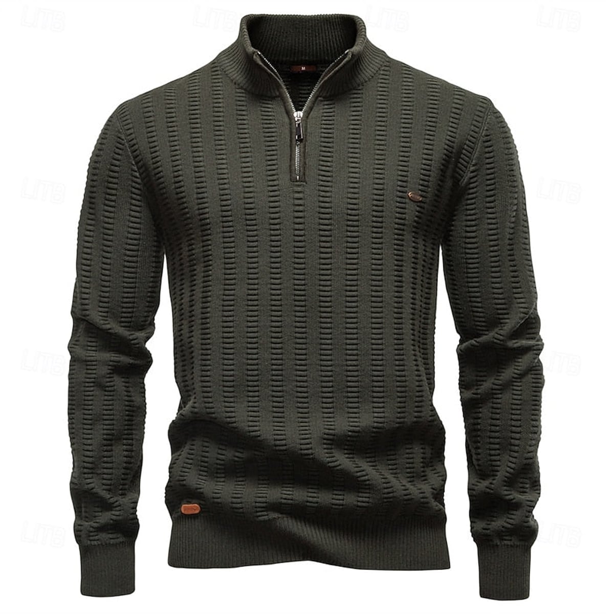 pull homme col zippé coupe régulière texturé en vert militaire