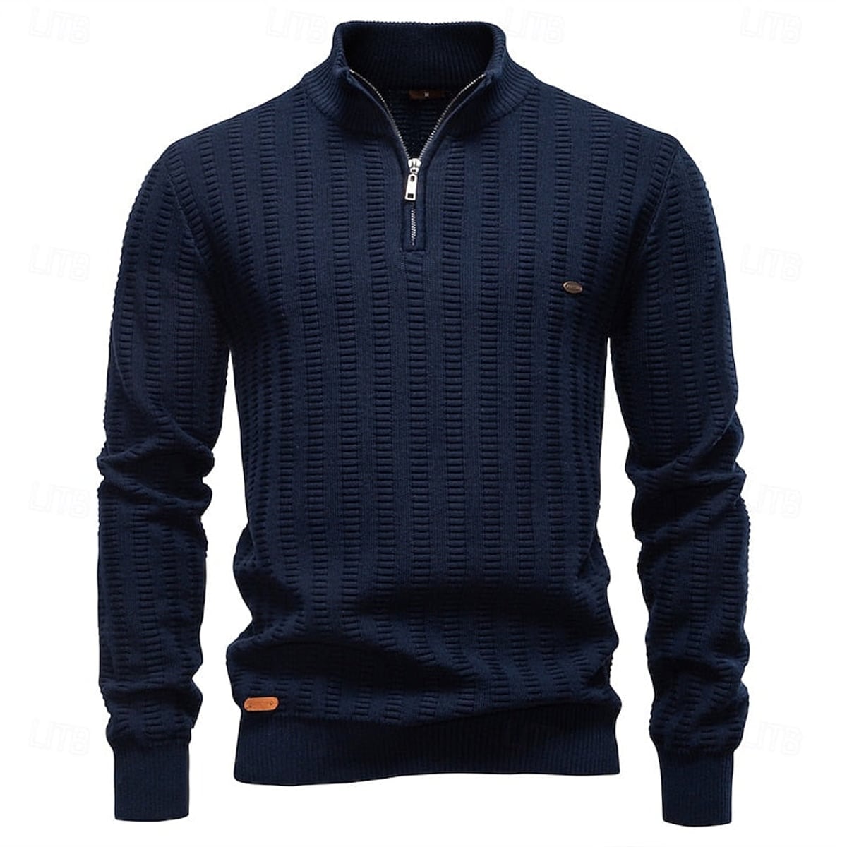 pull homme col zippé coupe régulière texturé en bleu marine foncé