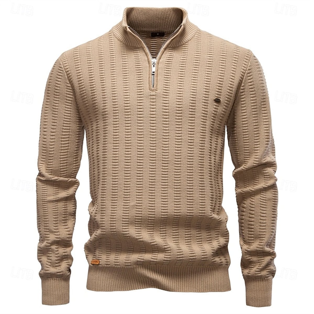 pull homme col zippé coupe régulière texturé en kaki