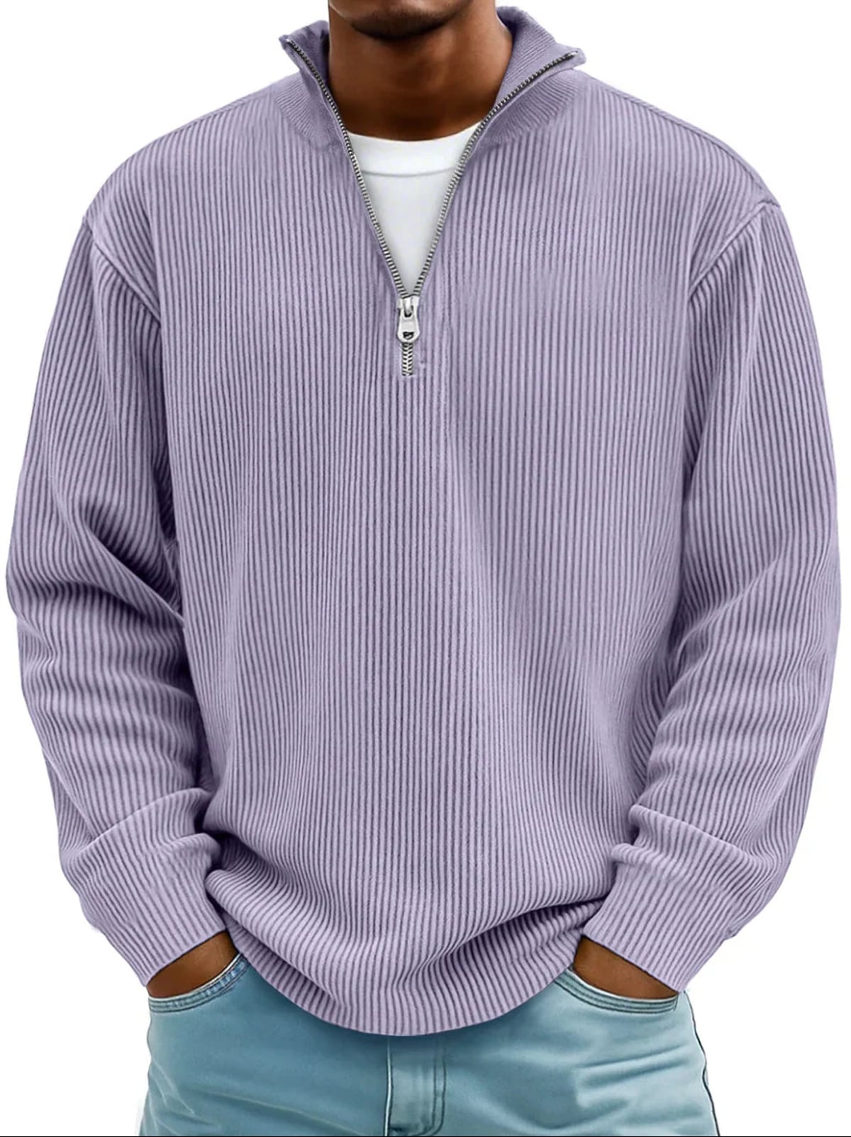 pull homme col zippé mi-hauteur coupe ample structuré en violet