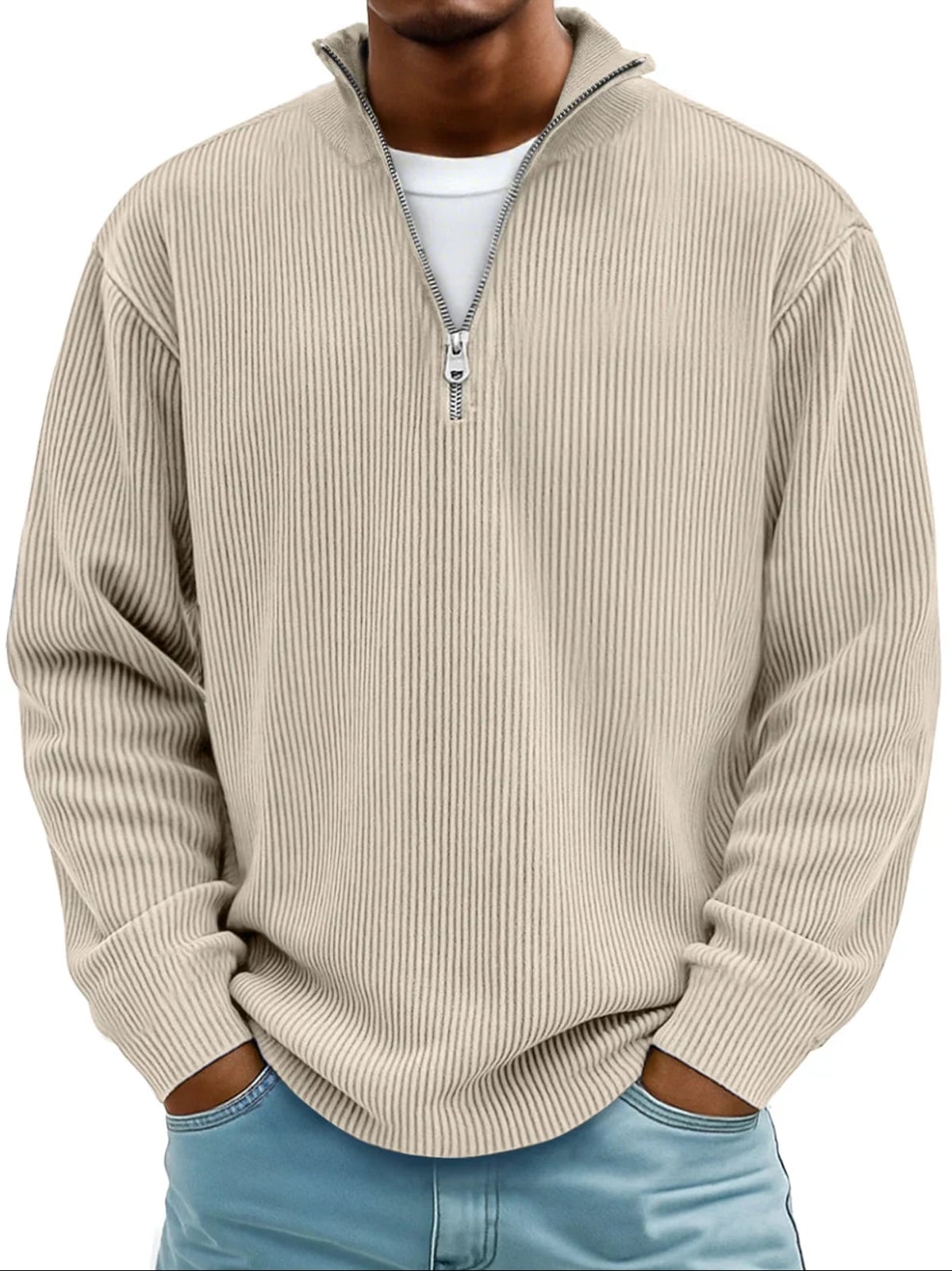 pull homme col zippé mi-hauteur coupe ample structuré en kaki