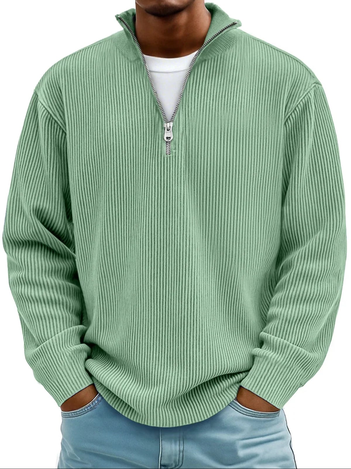 pull homme col zippé mi-hauteur coupe ample structuré en vert