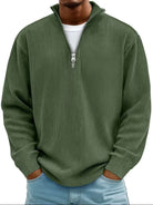 pull homme col zippé mi-hauteur coupe ample structuré en vert militaire