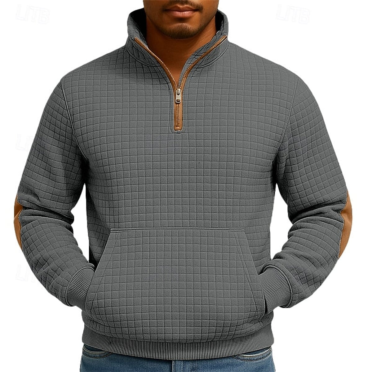 pull homme col zippé texturé en gris foncé