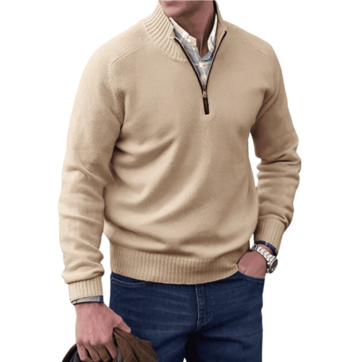 pull homme zippé maille chaude col montant granger en beige