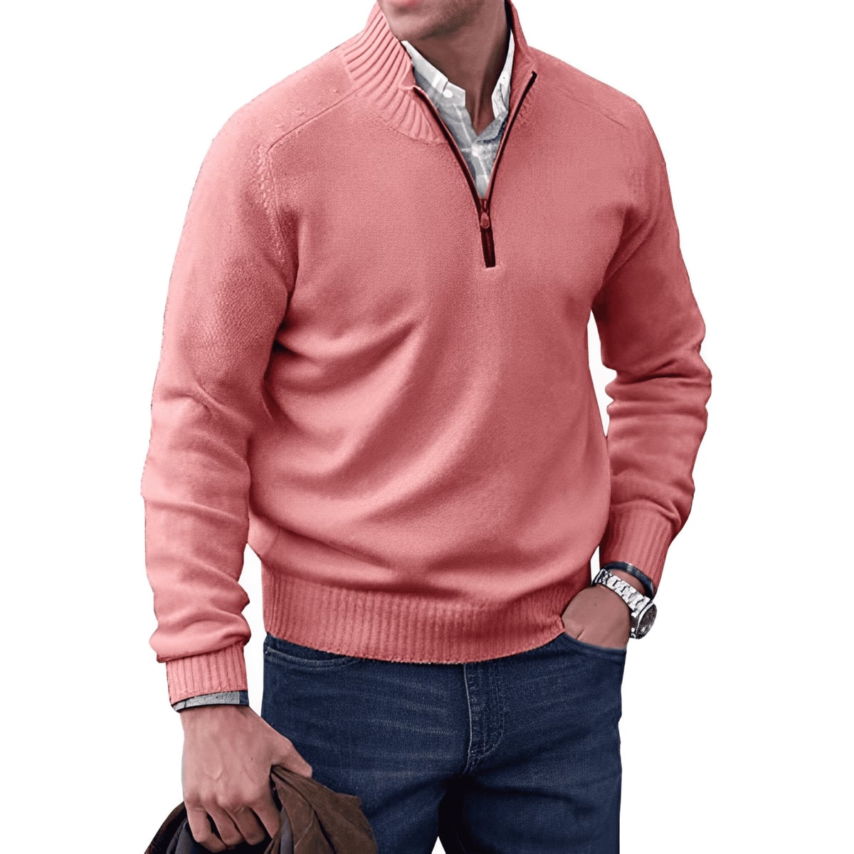 pull homme zippé maille chaude col montant granger en rose
