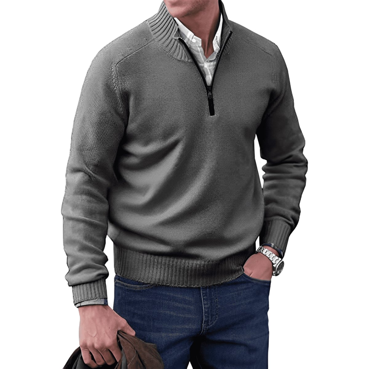 pull homme zippé maille chaude col montant granger en gris foncé