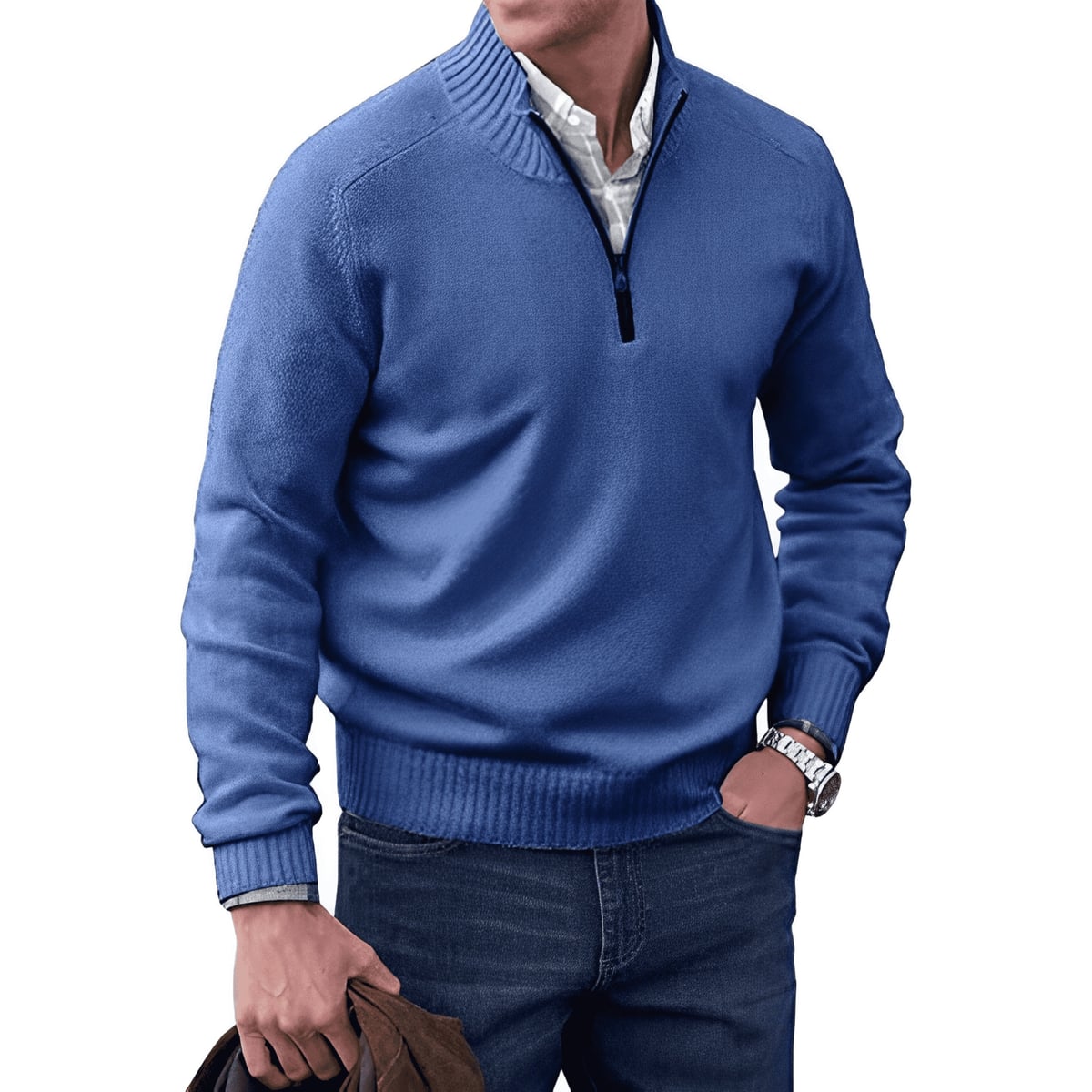 pull homme zippé maille chaude col montant granger en bleu