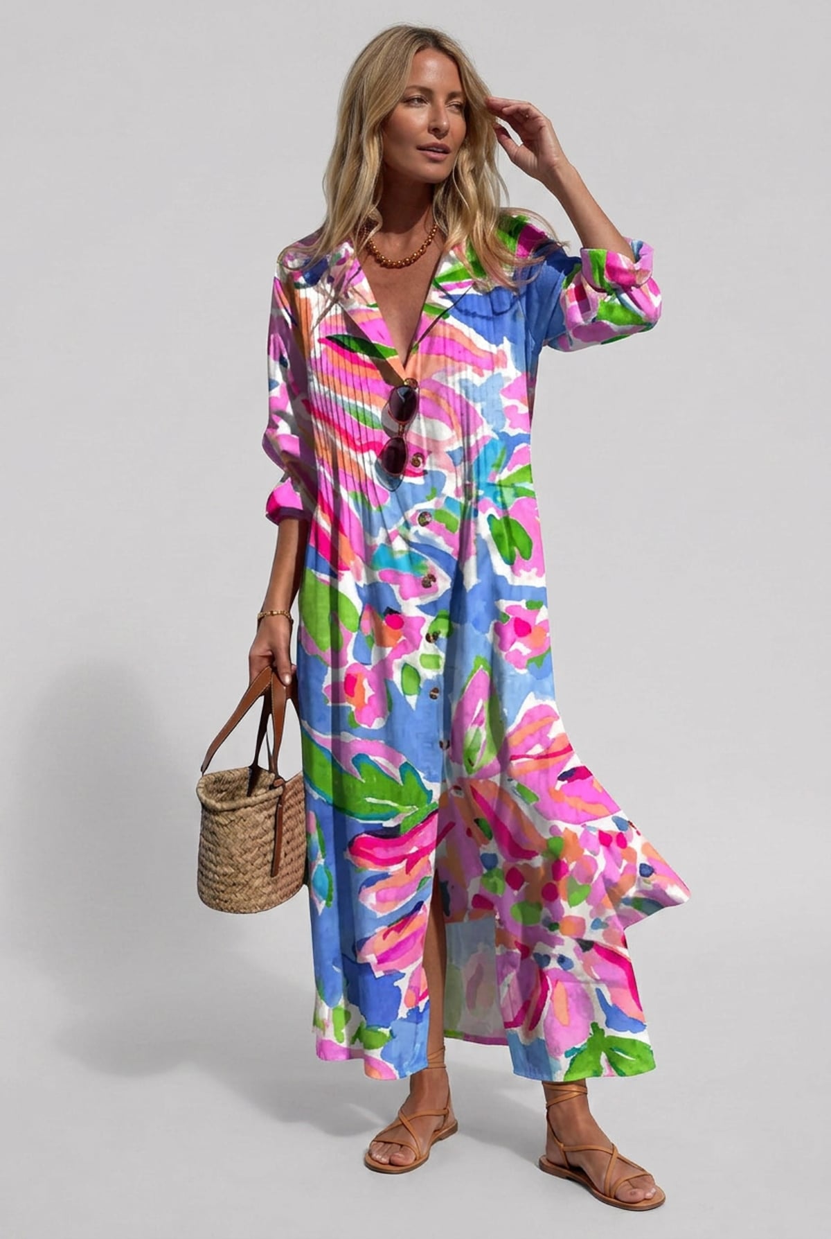 robe chemise femme longue imprimée floral en rose