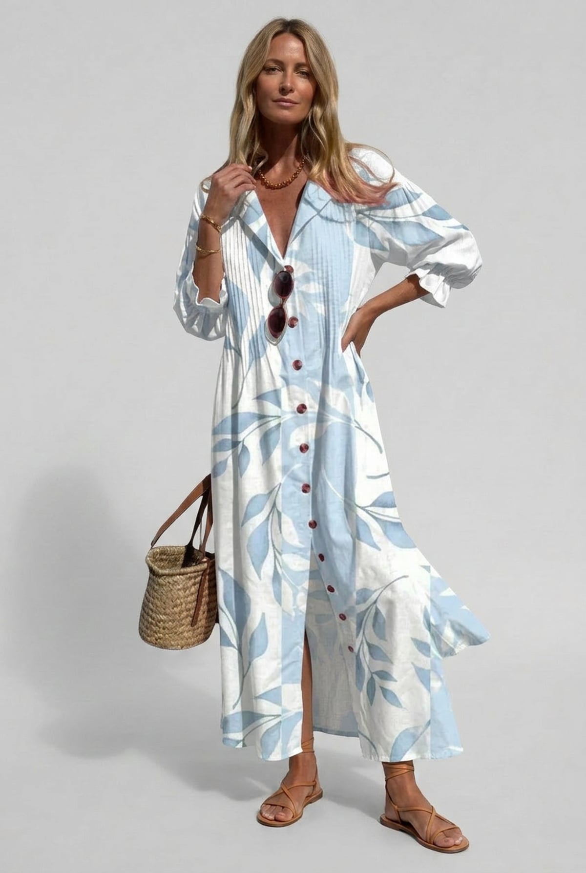 robe chemise femme longue imprimée floral en bleu ciel