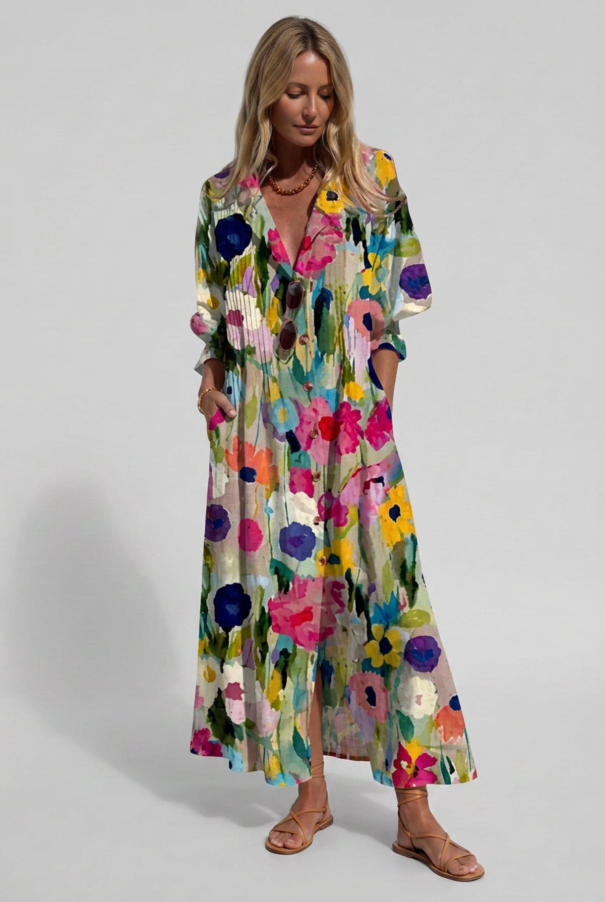 robe chemise femme longue imprimée floral en multicolore 1