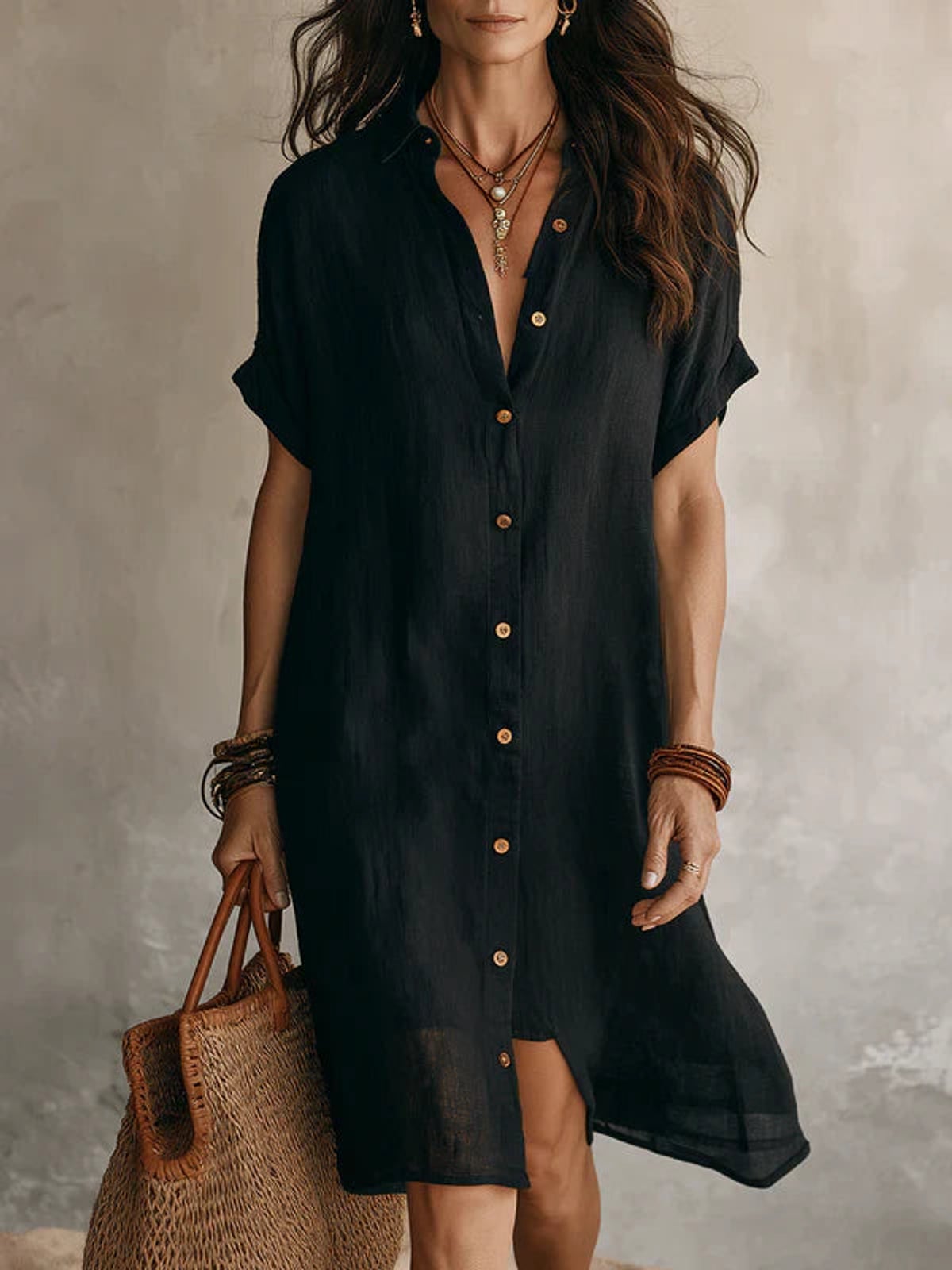 robe chemise femme mi-longue manches courtes en noir