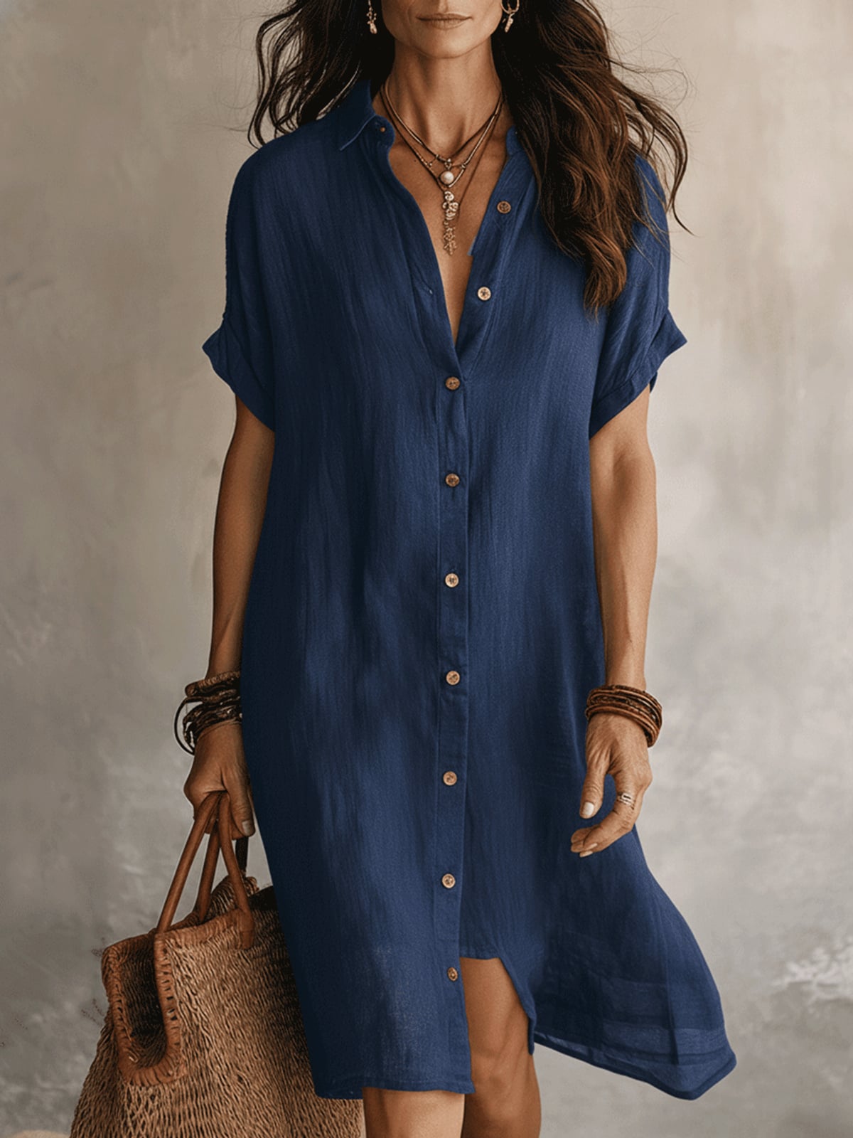 robe chemise femme mi-longue manches courtes en bleu