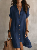 robe chemise femme mi-longue manches courtes en bleu