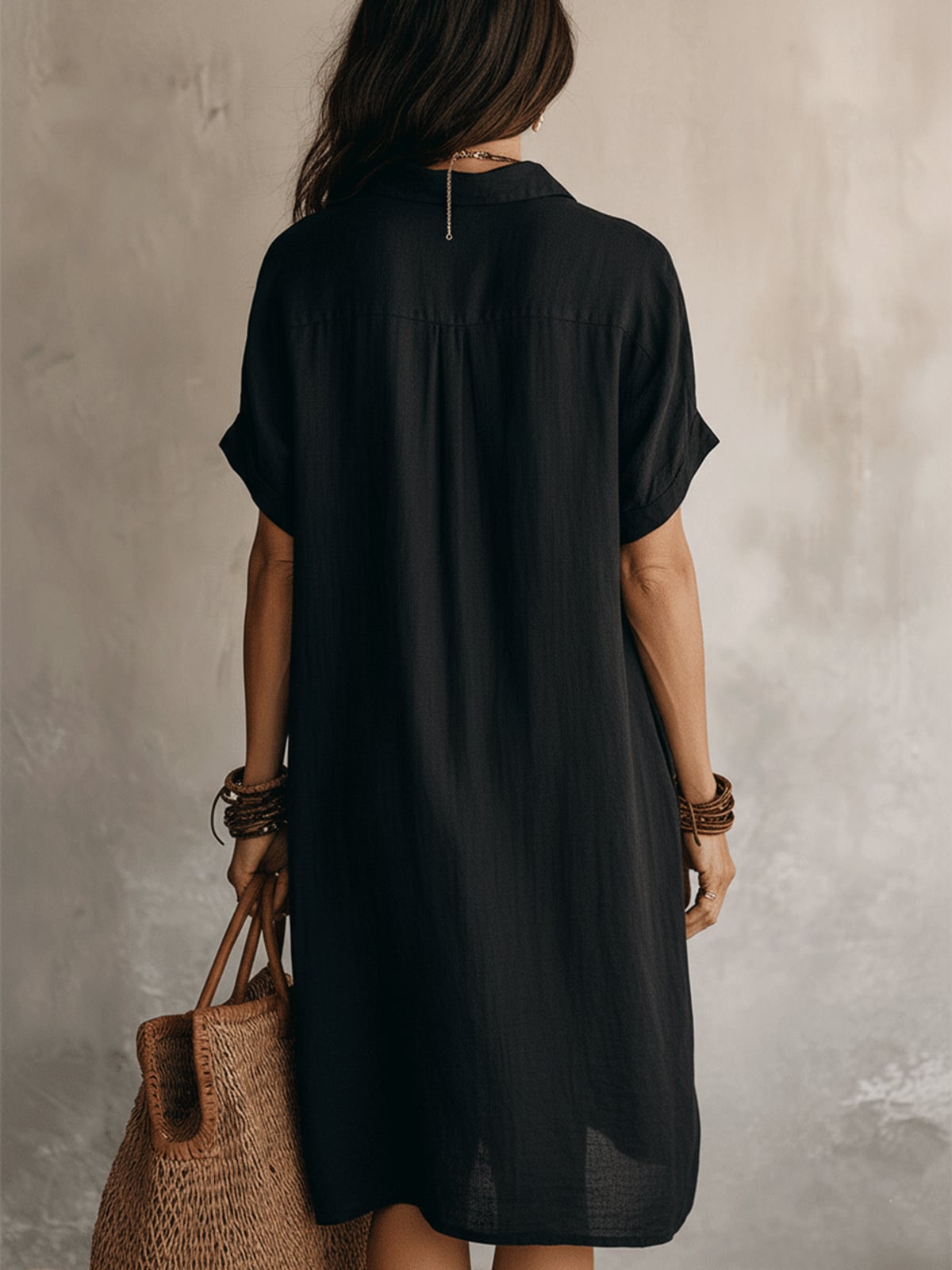 robe chemise femme mi-longue manches courtes en noir