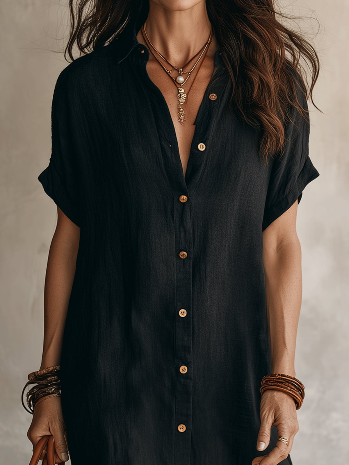 robe chemise femme mi-longue manches courtes en noir