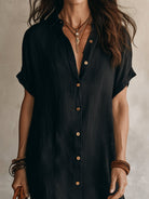 robe chemise femme mi-longue manches courtes en noir
