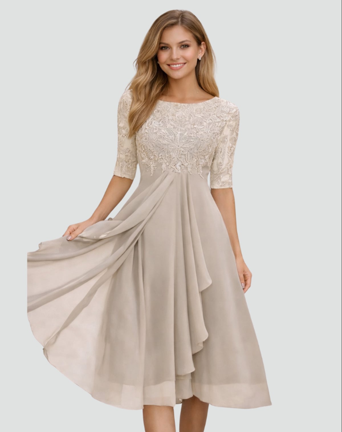 robe de soirée femme col bateau manches mi-longues en beige