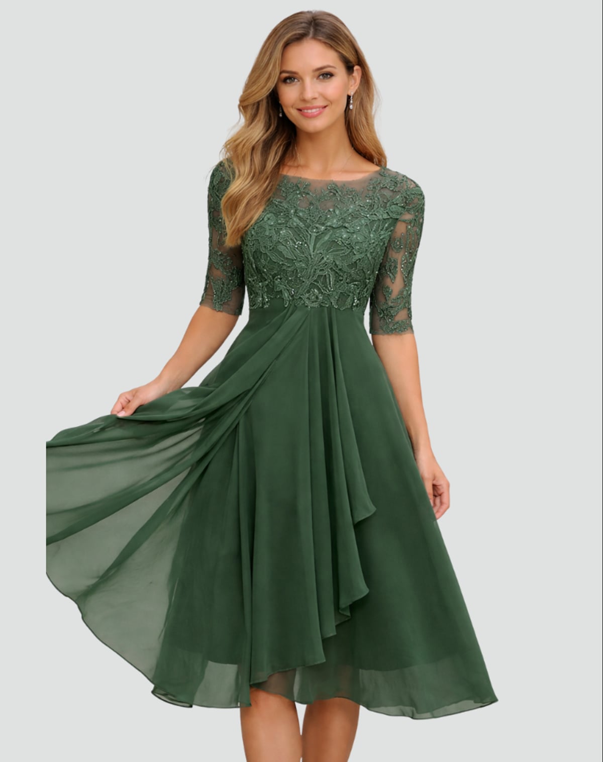 robe de soirée femme col bateau manches mi-longues en vert