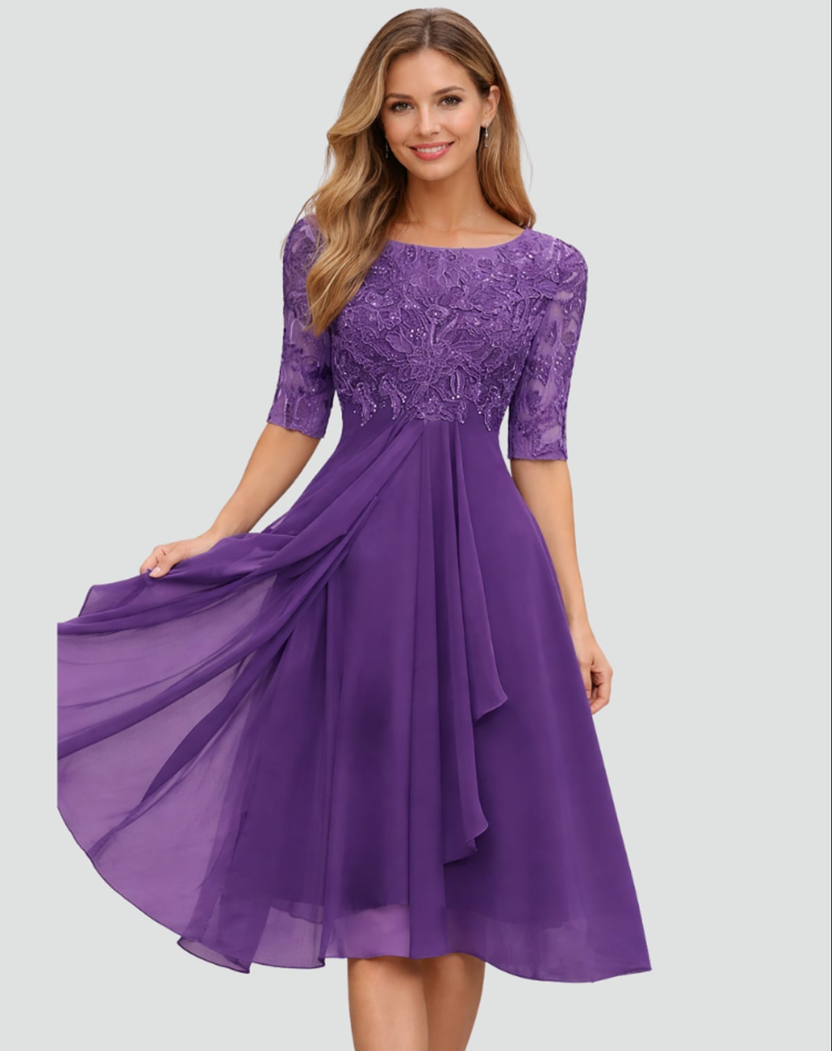 robe de soirée femme col bateau manches mi-longues en violet
