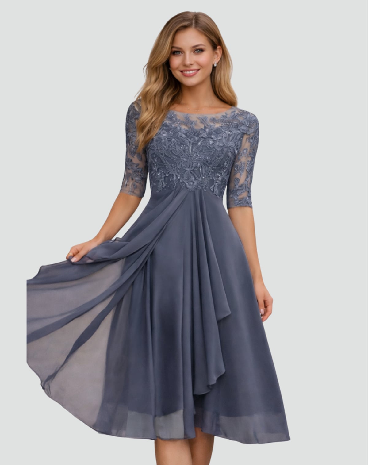 robe de soirée femme col bateau manches mi-longues en gris