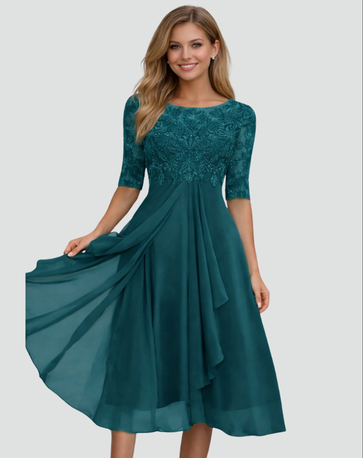 robe de soirée femme col bateau manches mi-longues en turquoise