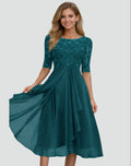 robe de soirée femme col bateau manches mi-longues en turquoise