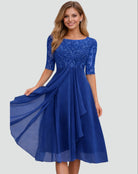 robe de soirée femme col bateau manches mi-longues en bleu marine