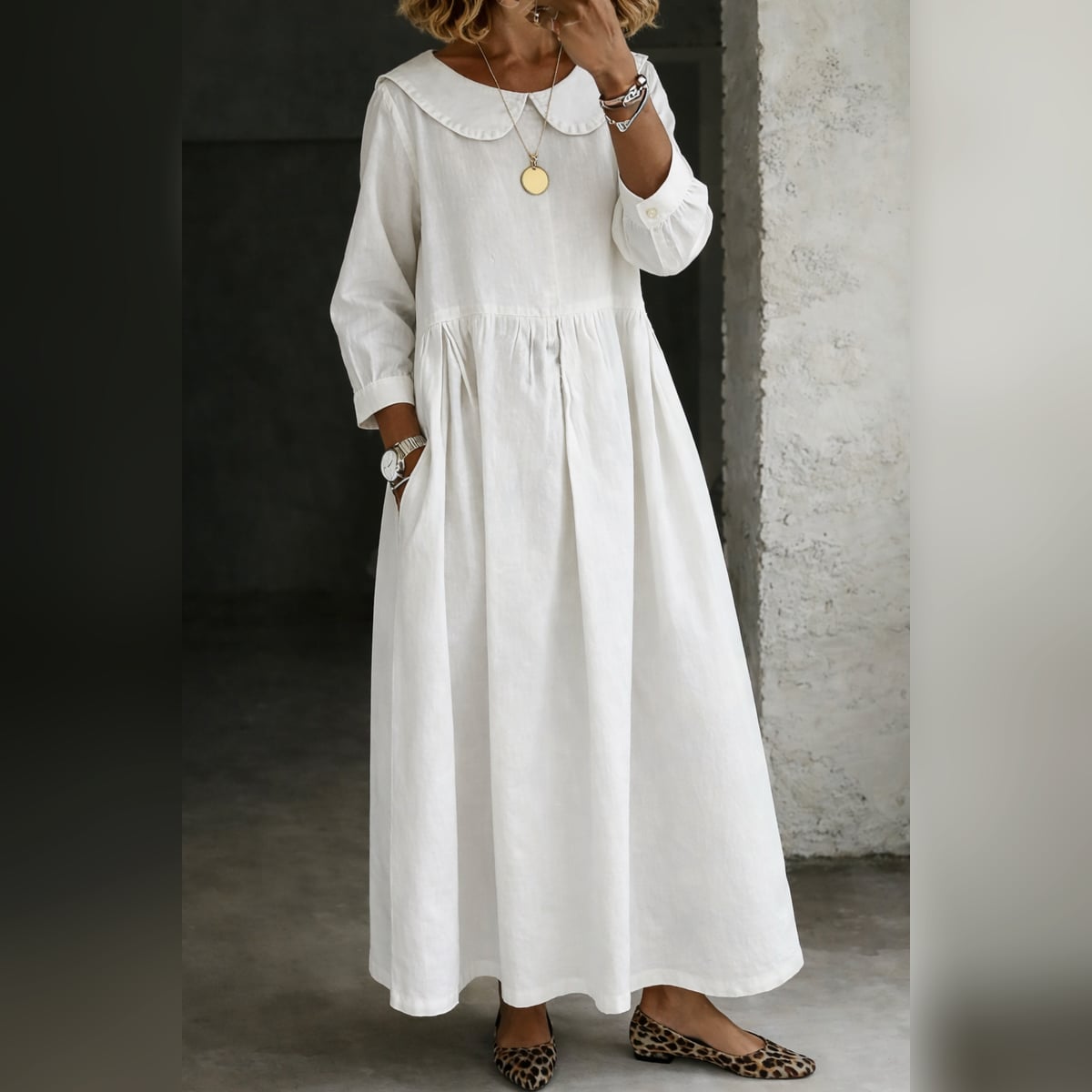 robe femme col claudine coupe droite en blanc