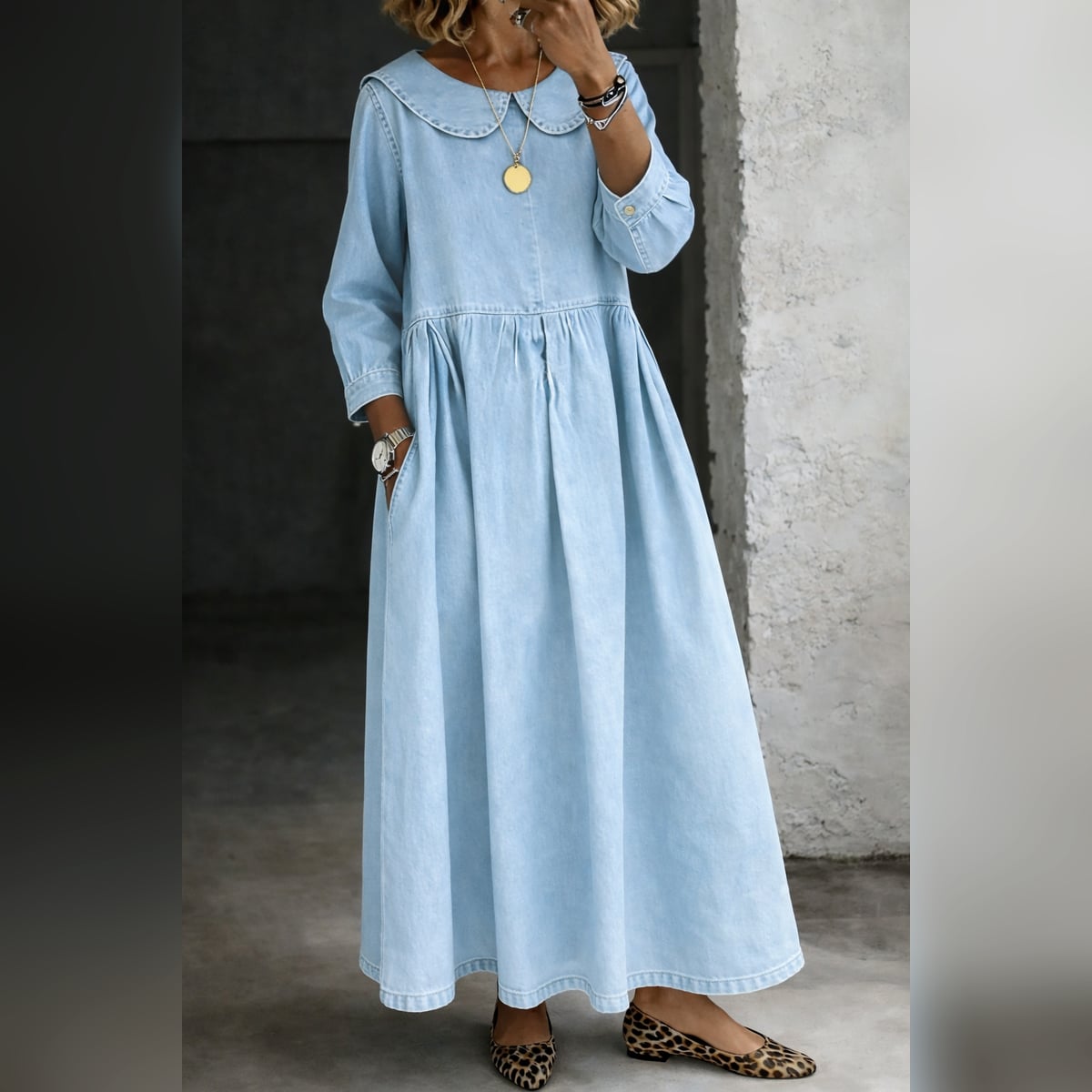 robe femme col claudine coupe droite en bleu clair