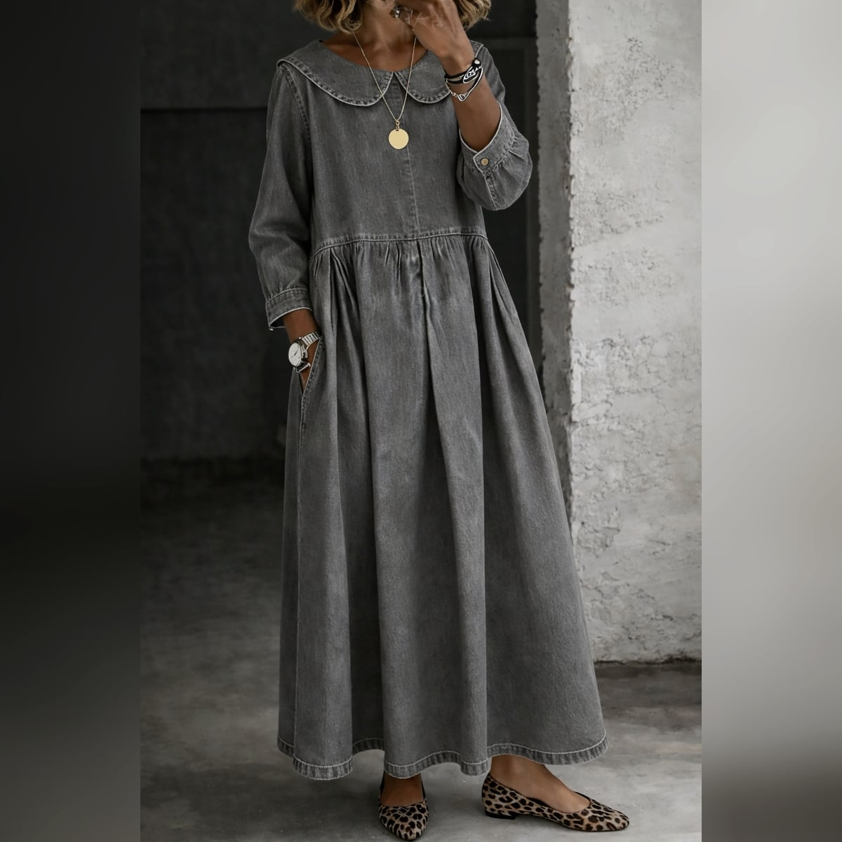 robe femme col claudine coupe droite en gris