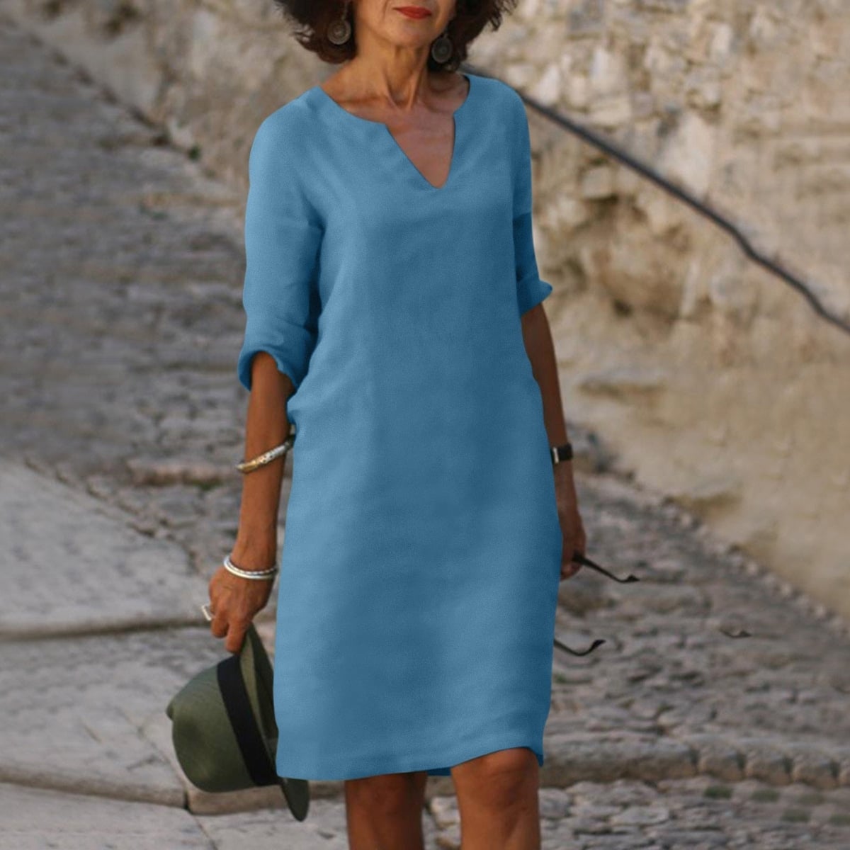 robe femme col en v manches trois-quarts en bleu clair