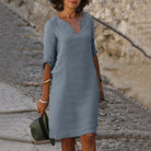 robe femme col en v manches trois-quarts en bleu gris