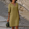 robe femme col en v manches trois-quarts en moutarde
