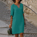 robe femme col en v manches trois-quarts en bleu-vert