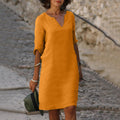 robe femme col en v manches trois-quarts en orange