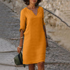robe femme col en v manches trois-quarts en orange