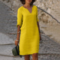 robe femme col en v manches trois-quarts en jaune