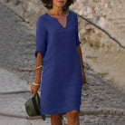 robe femme col en v manches trois-quarts en bleu marine