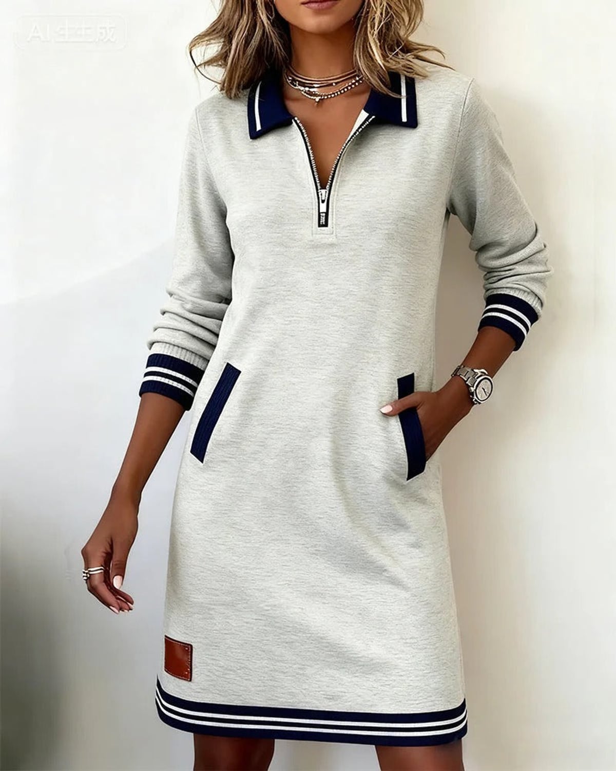 robe femme col polo zippé manches longues en gris