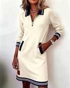 robe femme col polo zippé manches longues en blanc