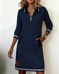 robe femme col polo zippé manches longues en bleu marine