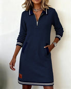 robe femme col polo zippé manches longues en bleu marine