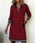 robe femme col polo zippé manches longues en rouge