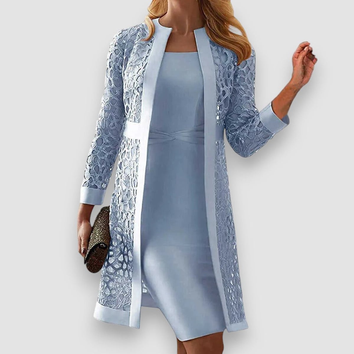 robe femme fourreau col rond veste dentelle en bleu