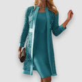 robe femme fourreau col rond veste dentelle en vert