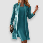 robe femme fourreau col rond veste dentelle en vert