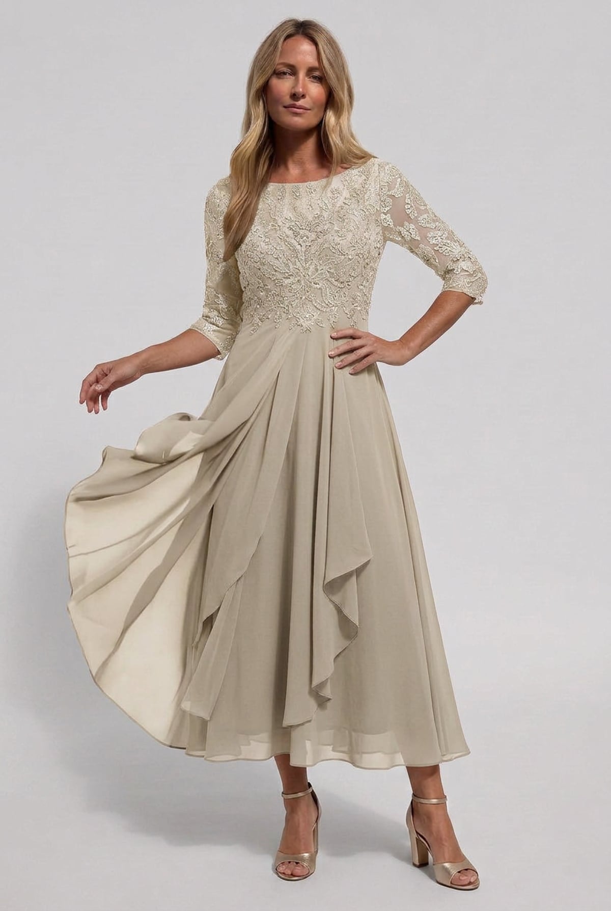 robe femme mi-longue brodée coupe évasée en kaki