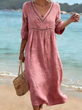 robe femme mi-longue col en v coupe fluide en rose